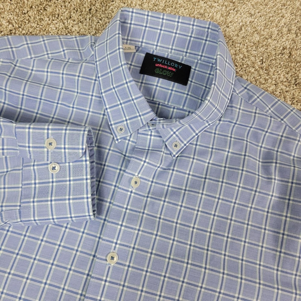 Twillory Untuckable Glow Mens Large-XL Blue Plaid Button Down Long Sleeve